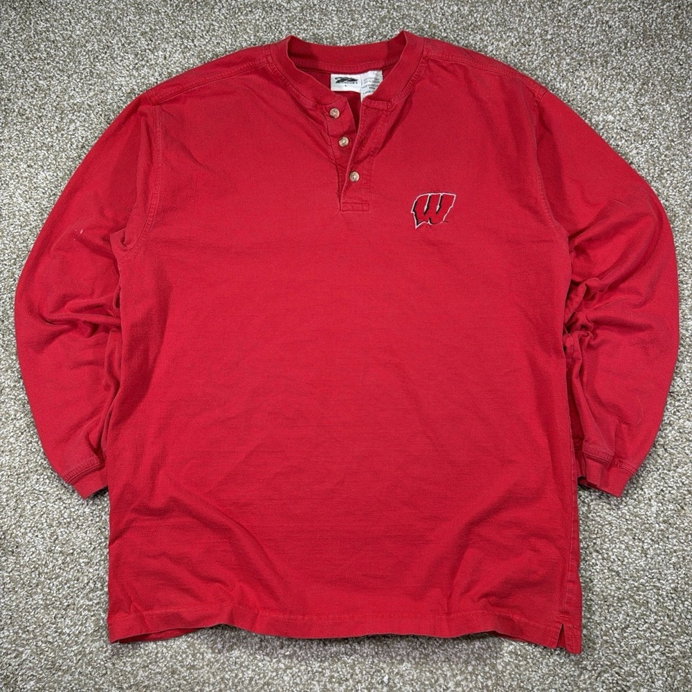 Vintage Wisconsin Badgers Henley Pullover Large 90s Red Embroidered Classic